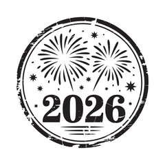 New year 2026 celebration stamp with fireworks and stars