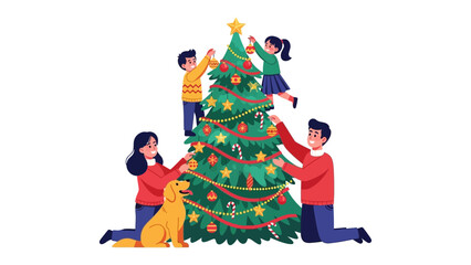 Family Decorating Christmas Tree: Capturing a joyful family moment, this image shows a cheerful family gathered around a beautifully decorated Christmas tree.