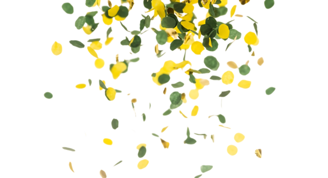 Falling yellow and green confetti isolated on transparent background