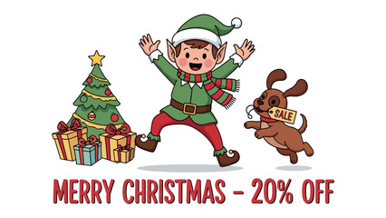 Festive Delight: An elf and a playful dog embody the joyful spirit of Christmas, with a Christmas tree and gifts, perfect for a holiday sale promotion.