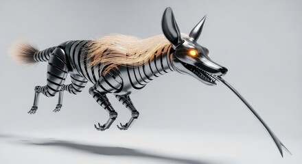 Mechanical Aardwolf: Metal Striped Hyena Robot, Futuristic Animal on White
