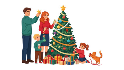 Holiday Harmony: A family gathers together to decorate their christmas tree, creating a heartwarming scene of togetherness. The tree stands adorned with shining ornaments.