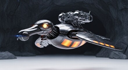 Steampunk Dodo Bird Robot in Cave Interior Futuristic Engineering Design Robotic Animal Machine Metallic Sculpture Conceptual Mechanical Bird Technology
