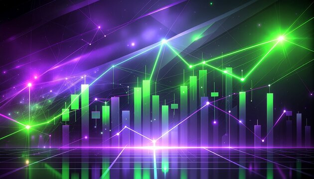 Dynamic stock market chart with glowing lines and rising trend, perfect for finance and investment presentations, offering a modern and energetic visual.