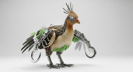 Futuristic Hoatzin Bird Robot with Robotic Wings and Hook Hands on Isolated White Background, Avian Automaton Concept