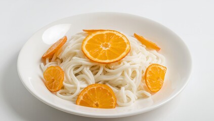 Citrus Symphony. A Delicate Arrangement of Light Noodles and Vibrant Orange Slices.