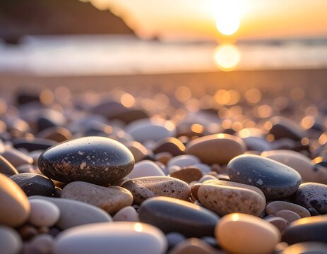 Close-up of smooth pebbles on a beach at sunset, with golden light reflecting on the water - Powered by Adobe