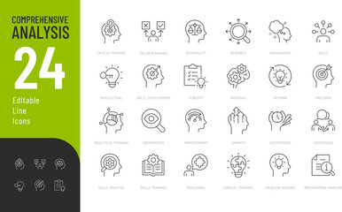Comprehensive analysis Line Editable Icons set. Vector illustration in modern thin style of human skills related icons: rationality, skills development, imagination, and more. Isolated on transparent 
