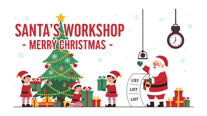 Santa's Workshop Christmas: A festive depiction of Santa's Workshop comes to life, filled with elves, a beautifully adorned tree, wrapped gifts, and Santa checking the list.
