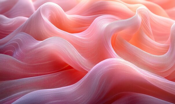 Flowing ethereal sheer pink and coral fabric texture background with soft wavy folds.
