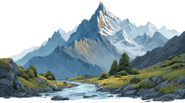 Winter mountain landscape featuring snow-covered peaks under a clear sky, with a valley forest and alpine glacier in view - Powered by Adobe