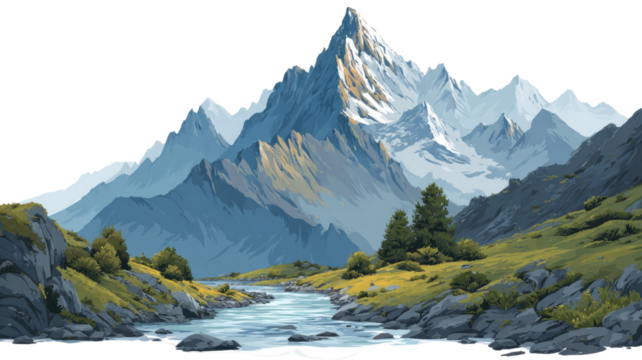 Winter mountain landscape featuring snow-covered peaks under a clear sky, with a valley forest and alpine glacier in view