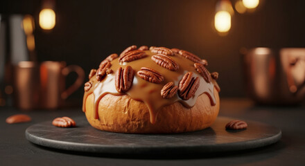 Single Sticky Pecan Bun Lavishly Topped with Smooth Caramel Glaze, Served on Dark Slate with Copper Tones in the Background