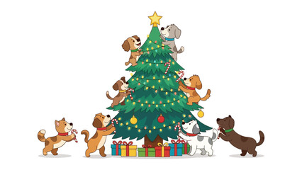 Christmas Dogs: Cheerful canine companions adorn a festive evergreen tree, brimming with colorful ornaments and joyful spirit.