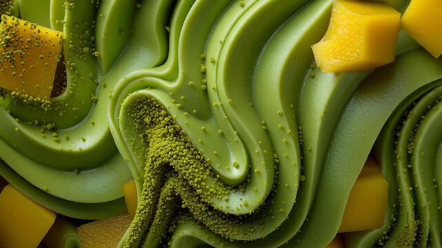 Close-up of green matcha noodles with cubes of fresh mango topped with powder Concept of modern asian dessert and culinary creativity