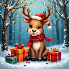 A cute reindeer with a red scarf and hat sits in a snowy forest among gifts.