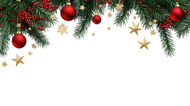 Christmas garland with red ornaments, berries and gold stars on a transparent background decoration