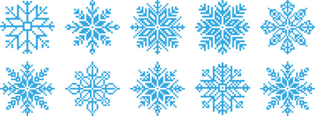 Pixel snowflakes winter ice crystal game icon vector set. Snow flake retro computer 8 bit pixel art elements