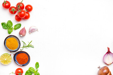 Food background, spices and herbs, ingredients for healthy eating and cooking, white copy space, top view