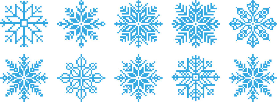 Pixel snowflakes winter ice crystal game icon vector set. Snow flake retro computer 8 bit pixel art elements