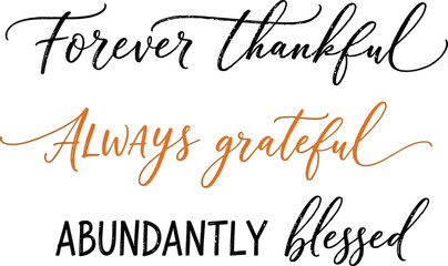 Express your gratitude with this artistic lettering for Thanksgiving, featuring 'Forever Thankful, Always Grateful, Abundantly Blessed' in elegant script