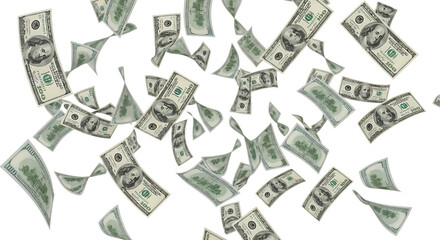 Falling one hundred dollar bills isolated on transparent background