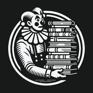 A whimsical jester clown carrying a tall stack of books in a monochrome circular emblem.