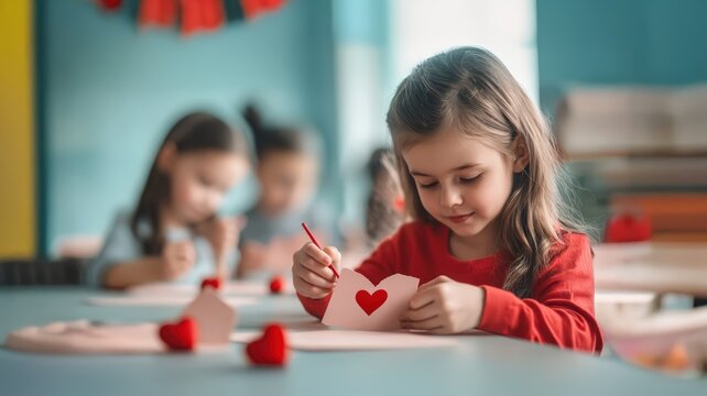 Girl student enjoying creative art activity, focused on crafting colorful handmade red heart valentine decoration for holiday, promoting learning, development, and happiness in classroom. - Powered by Adobe