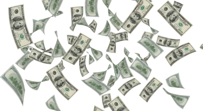 Falling one hundred dollar bills isolated on transparent background