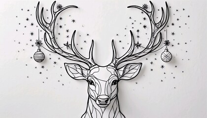 Elegant black ink line drawing of reindeer head with ornamented antlers on white background