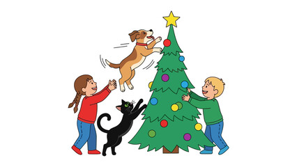 Holiday cheer: A festive scene unfolds as a cat, a dog and two childs decorate a Christmas tree, the spirit of the holidays comes alive.