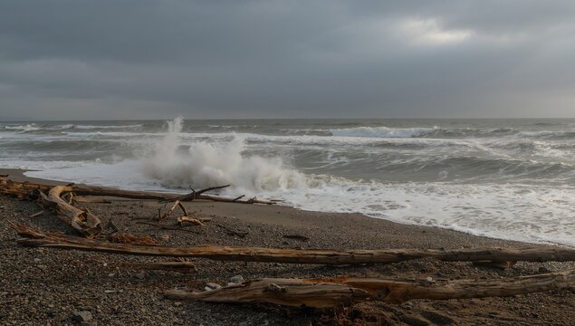 Coastal Serenity with Crashing Waves and Weathered Wood at Twilight, Stillness. - Powered by Adobe