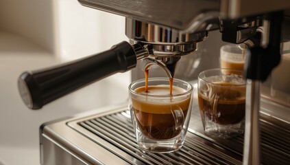 Coffee Creation. Closeup of Espresso Pouring into a DoubleWalled Glass Cup.
