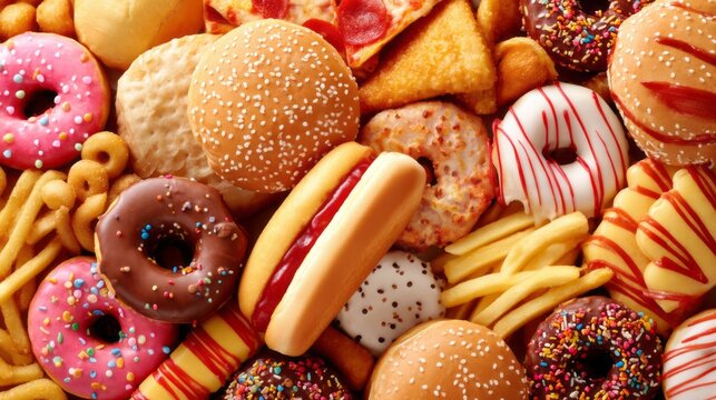A vibrant array of junk food including sugary donuts, savory burgers, and crispy fries fills the scene, representing the unhealthy eating habits that may elevate cancer risk