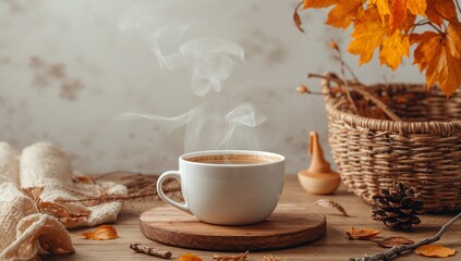 Coffee Still Life With Autumnal Elements, Warm Tones, and Gentle Illumination.