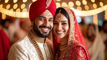 Radiant Indian couple in traditional wedding attire smile warmly, embracing their cultural heritage and a joyful beginning.