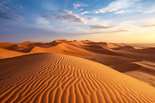 Endless ripples of golden sand dunes stretching across vast desert landscape
