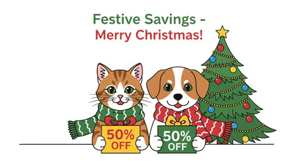 Festive Discount and Season's Greetings: A charming animated image featuring a festive scene with a Christmas tree, cat and dog, offering holiday discounts with joyful sentiment. 