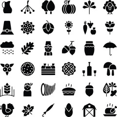 Vibrant collection of Thanksgiving and autumn icons perfect for festive designs celebrating harvest, family, and seasonal bounty