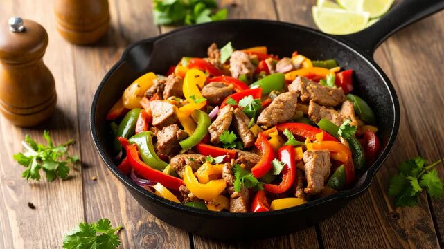 Savory beef fajita skillet featuring colorful bell peppers and sliced red onions served on rustic wooden table with lime wedges