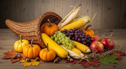 Thanksgiving cornucopia horn of plenty with autumn harvest fruits and vegetables.