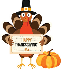 Joyful cartoon turkey wearing pilgrim hat holds happy Thanksgiving Day sign beside vibrant pumpkin, perfect for holiday greetings and celebrations