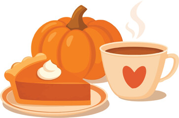 Indulge in cozy autumn comfort with a slice of delicious pumpkin pie and a warm steaming cup of coffee, perfect for festive fall moments.