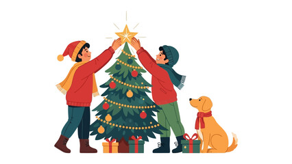 Holiday Cheer: Two children decorate a festive Christmas tree with their loyal companion. A scene of joyful preparation for the season of joy and togetherness.