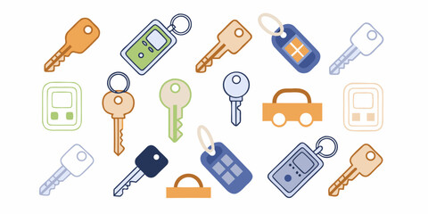Collection of colorful flat design car keys and keychains with a simple car icon on white background