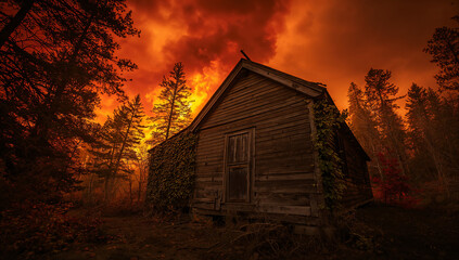 Dramatic scene of an old wooden cabin in a fiery, apocalyptic forest