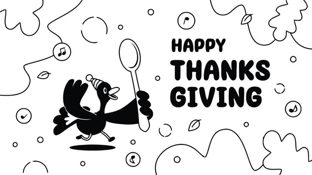 Joyful cartoon bird with festive hat carrying spoon celebrates Happy Thanksgiving with whimsical doodles and musical notes - Powered by Adobe