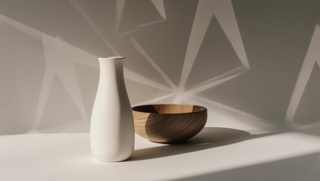 A white vase and wooden bowl sit on a white surface with geometric light & shadow play