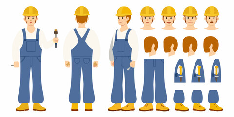 Male construction worker character design kit with various poses facial expressions and tools