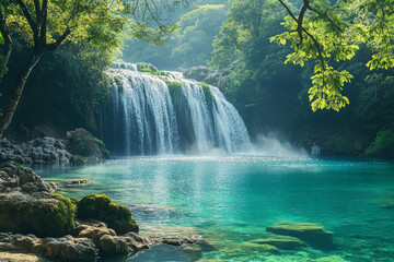 Ethereal Waterfall Paradise A cascading waterfall plunges into a crystal-clear lagoon, surrounded by lush emerald foliage and misty enchantment